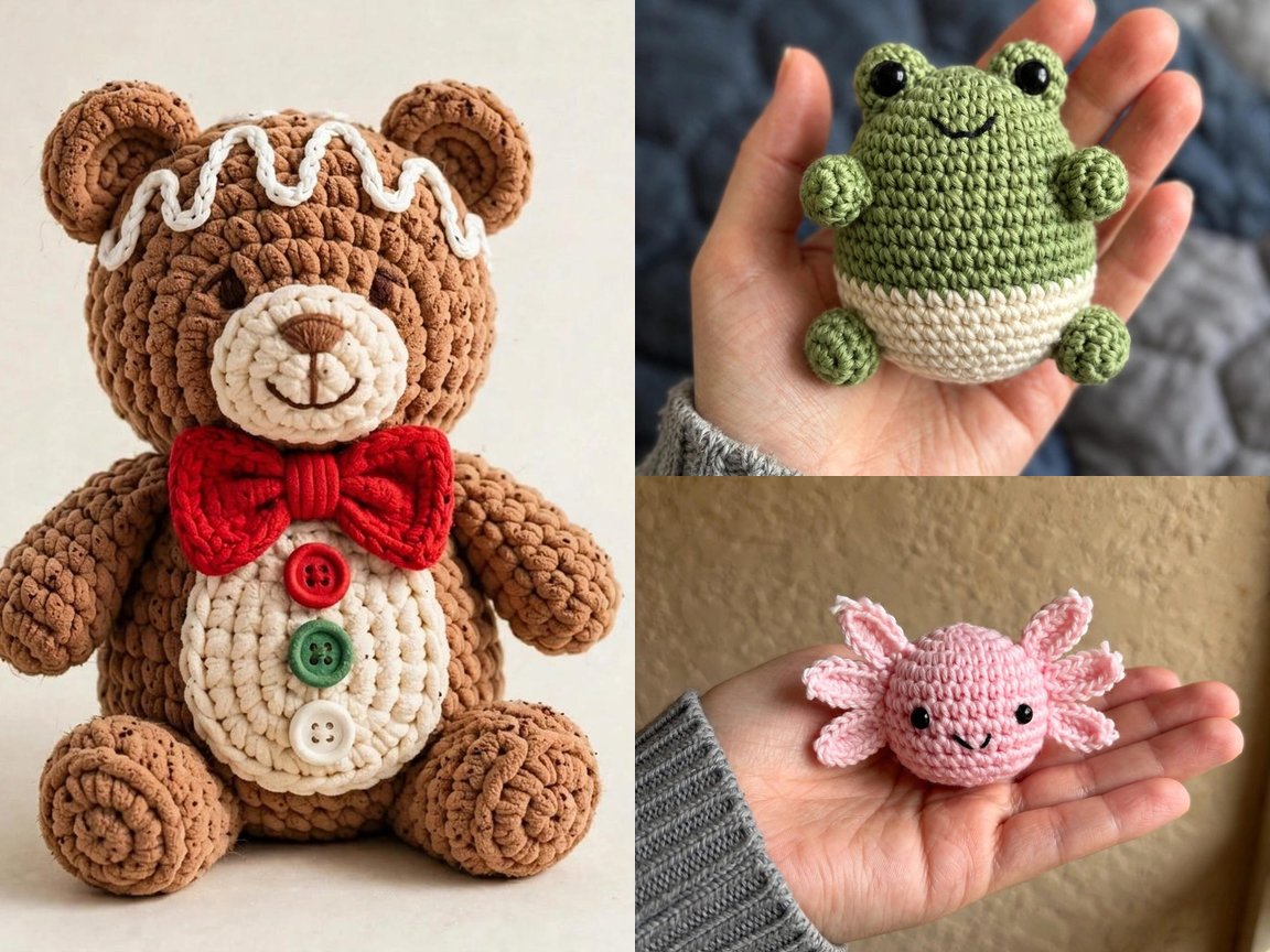 LoopSouk crochet patterns from the Etsy shop: the chunky gingerbread bear, the no-sew mini sitting frog and the no-sew chubby axolotl
