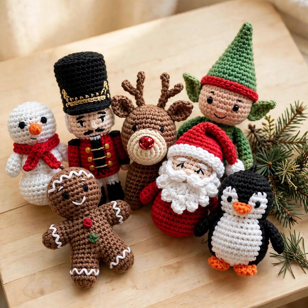 Seven crochet Christmas mini amigurumi: snowman, nutcracker, gingerbread man, reindeer, Santa, elf and penguin on a wooden table