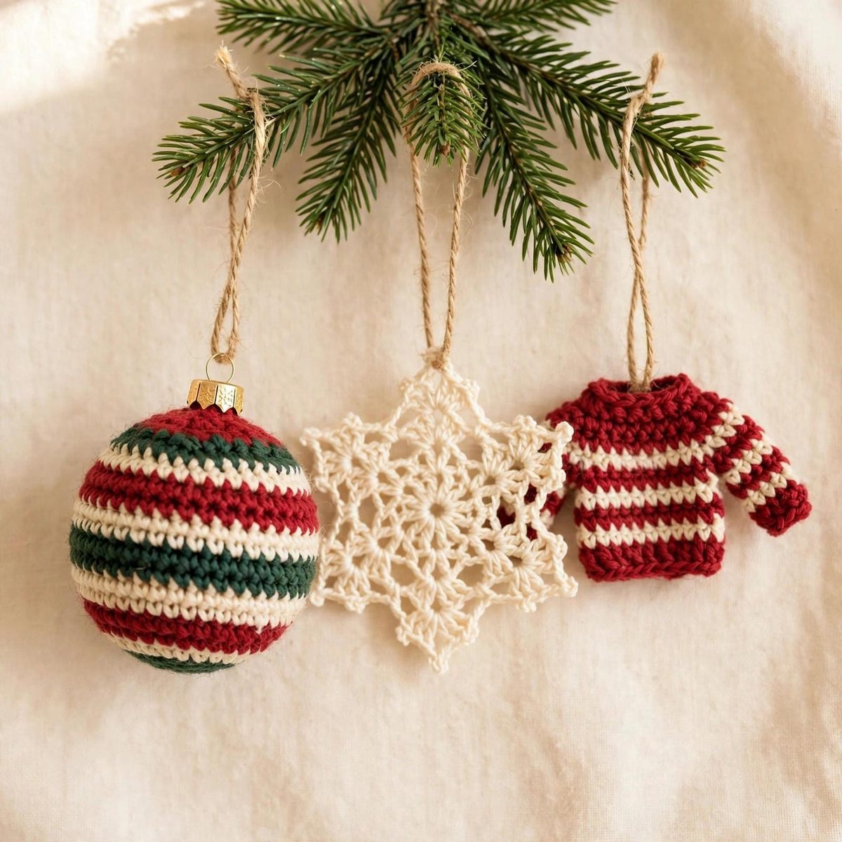 Three crochet Christmas ornaments hanging from a pine branch: a red, cream and green striped bauble, a cream lacy snowflake and a striped mini sweater