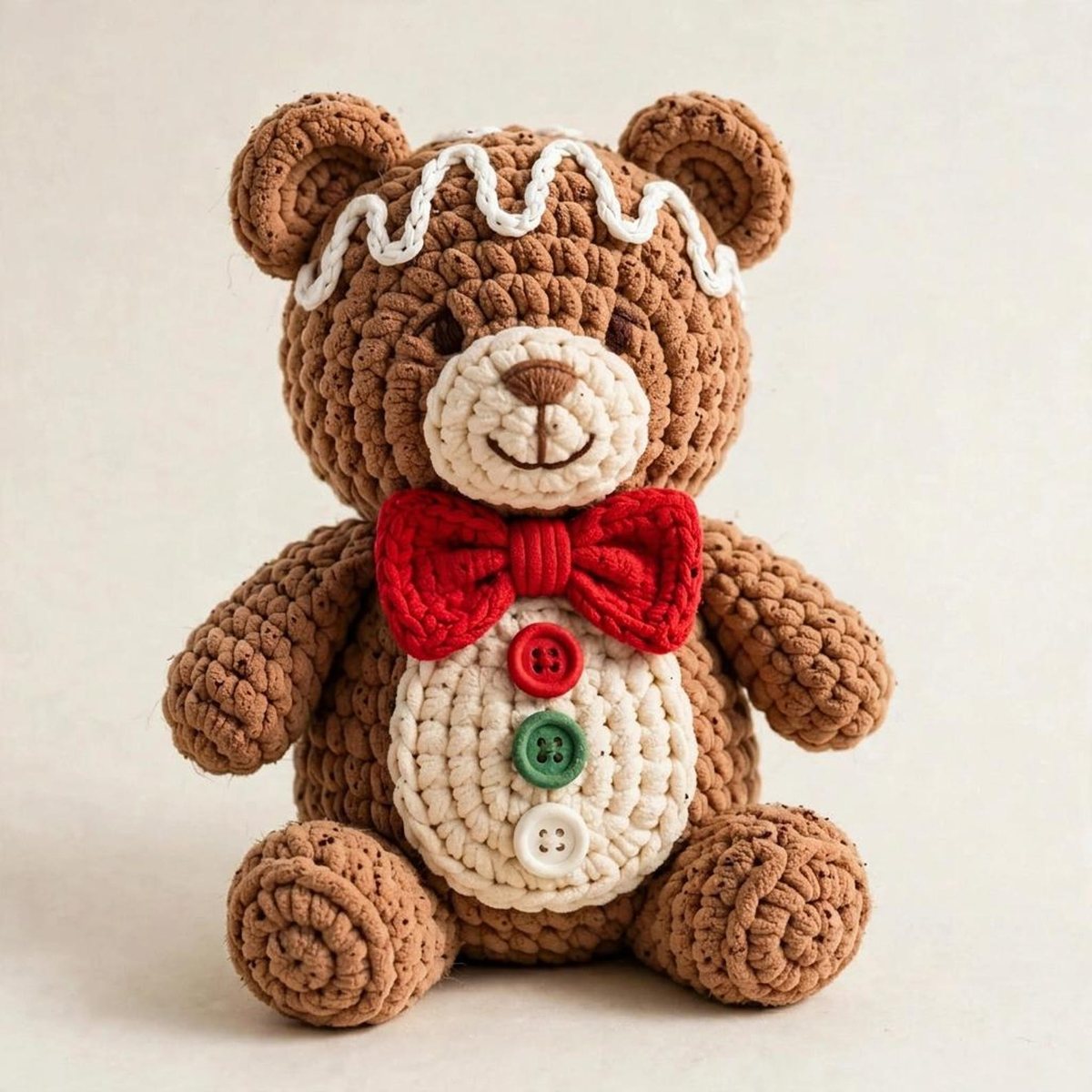 Chunky brown crochet gingerbread bear plush with white icing zigzag, cream muzzle and belly, red bow tie and red, green and white buttons