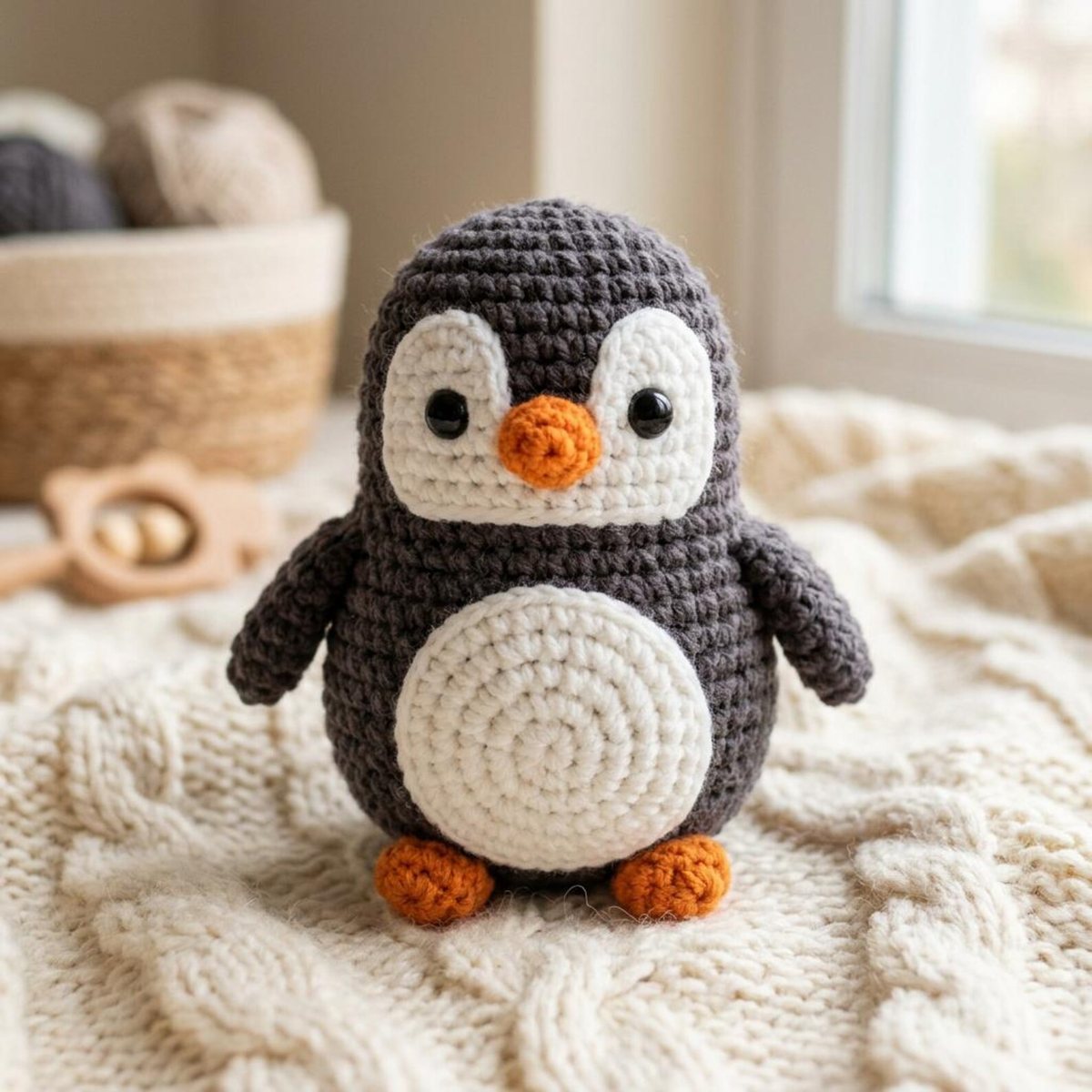 Charcoal and white crochet mini penguin amigurumi with an orange beak and feet sitting on a cream knit blanket