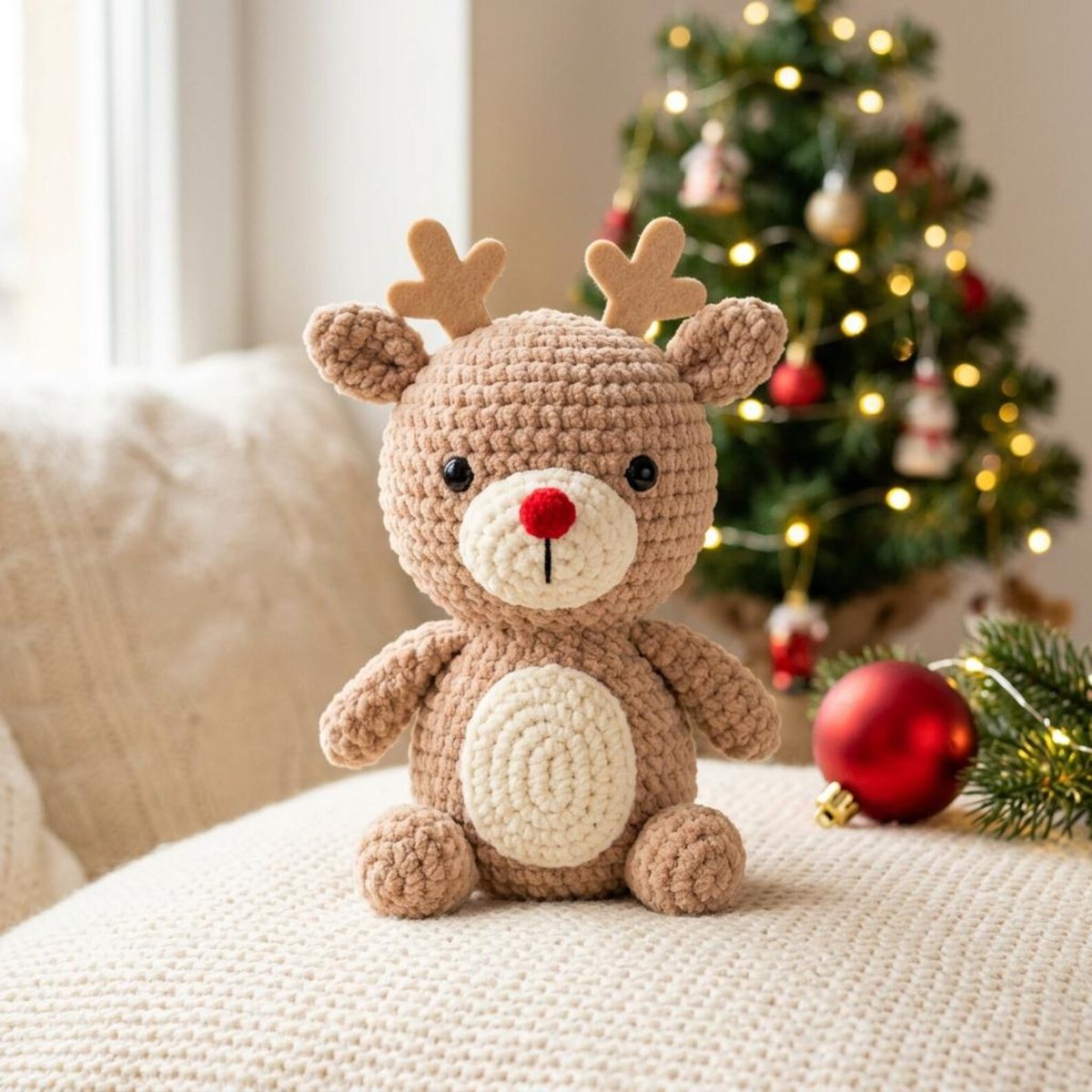 Light brown crochet reindeer amigurumi with a cream muzzle and belly, red nose and antlers, in front of a Christmas tree