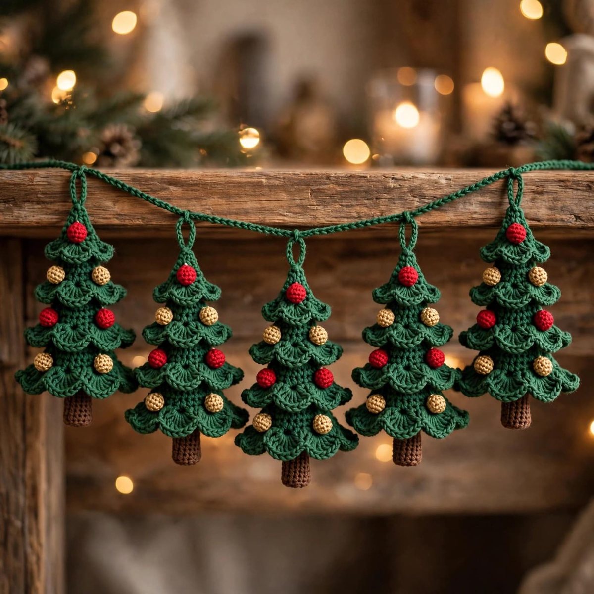Crochet garland of five mini green Christmas trees with red and gold bobble ornaments hanging along a wooden mantel