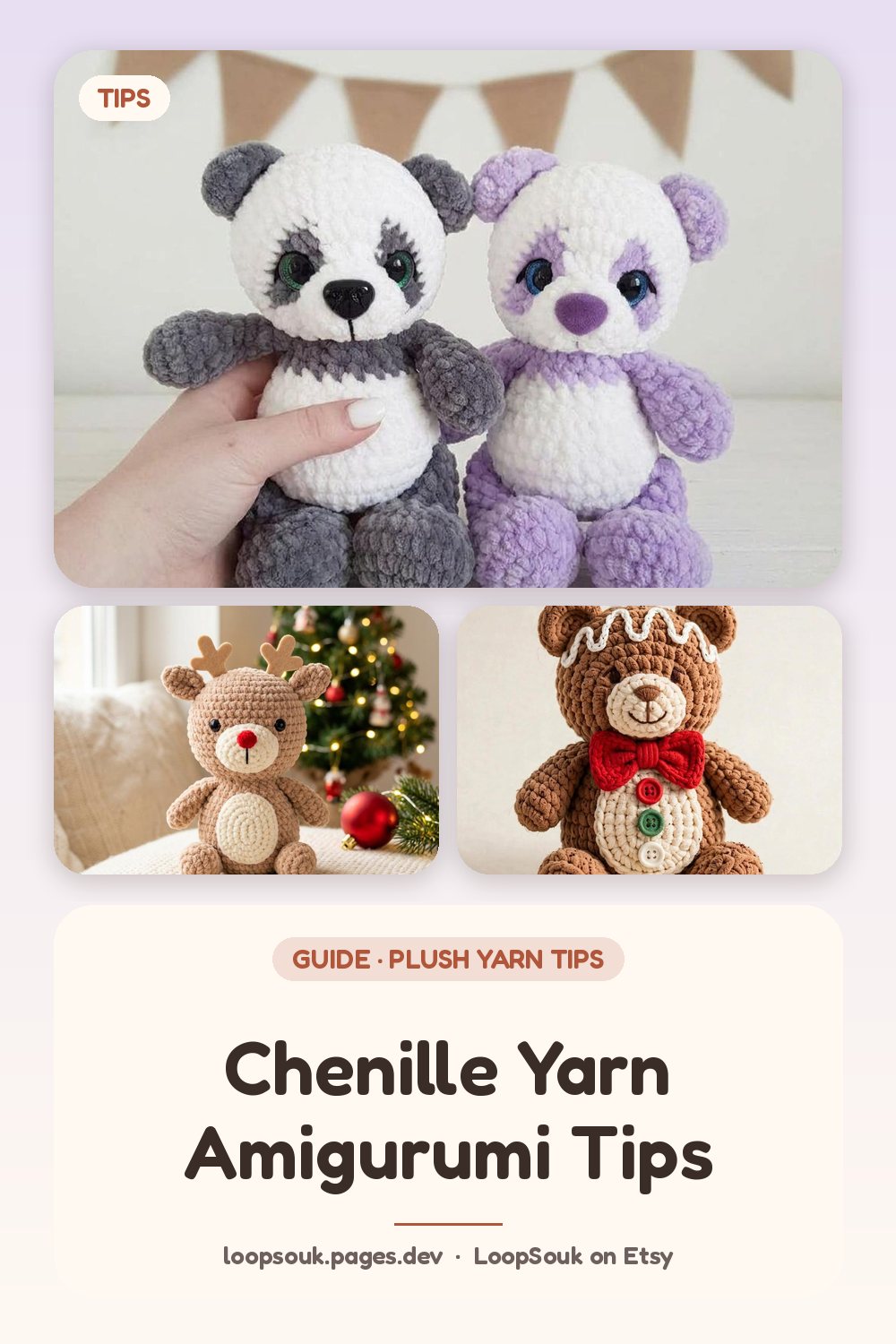 Chenille Yarn Amigurumi Tips: pin-style graphic with LoopSouk crochet pattern images