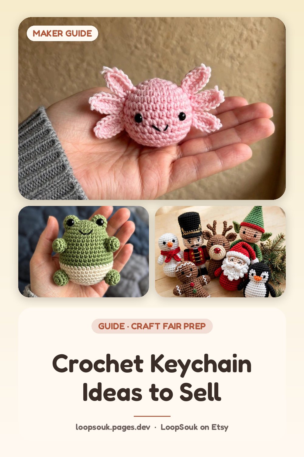 Crochet Keychain Ideas to Sell: pin-style graphic with LoopSouk crochet pattern images