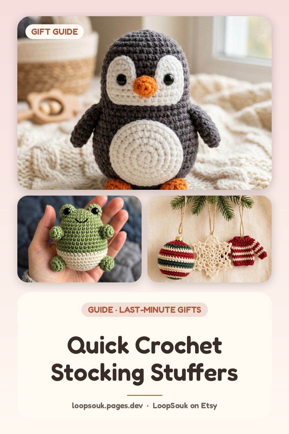 Quick Crochet Stocking Stuffers: pin-style graphic with LoopSouk crochet pattern images