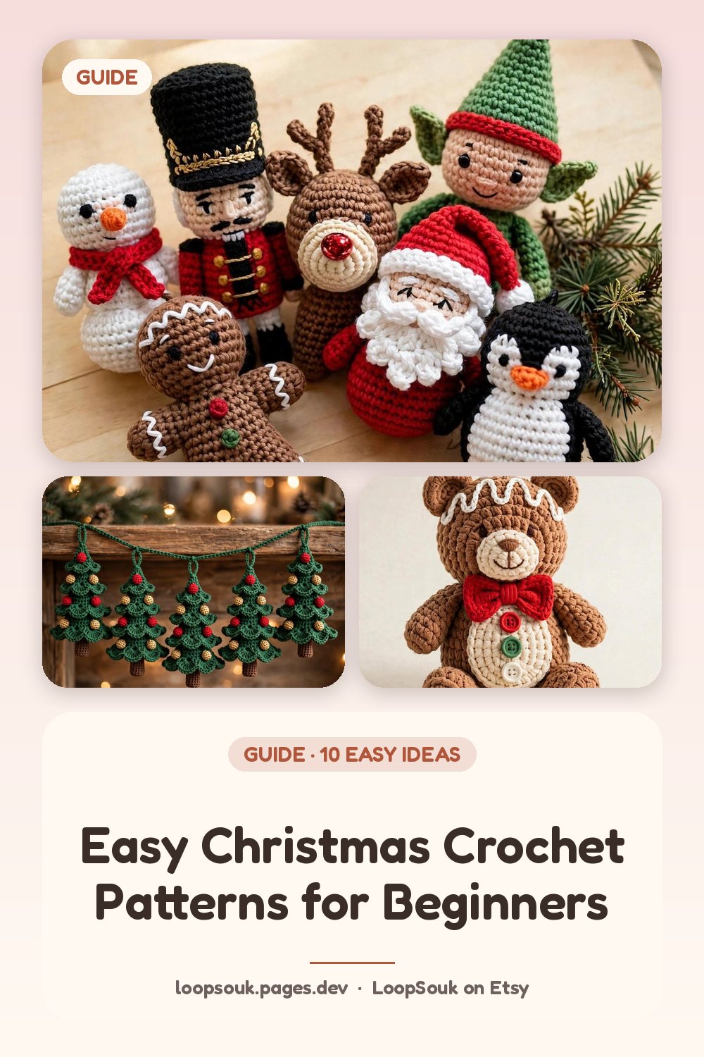 Easy Christmas Crochet Patterns for Beginners: pin-style graphic with LoopSouk crochet pattern images